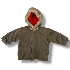 Gap Faux Fur Hood Fleece Lined Coat Olive Green Boys Size 2 Years
